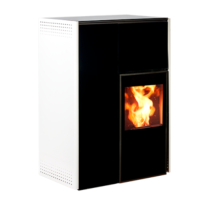 Aparelho de aquecimento preto com estrutura branca e chama visível pela janela