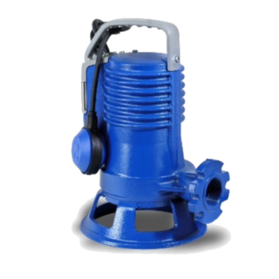 Bomba submersível azul com alça cinzenta e flutuador preto