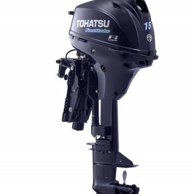 Motor de popa TOHATSU Four Stroke F.I. 15 preto sobre fundo branco