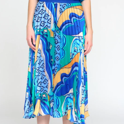 Saia midi com padrão abstrato colorido em tecido fluido e pregueado