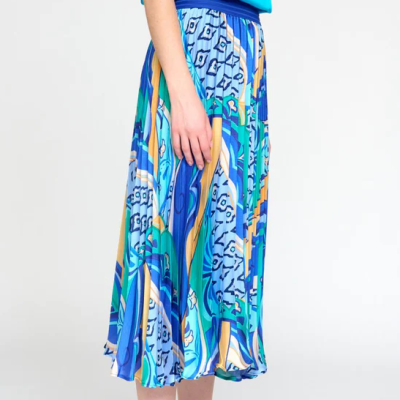 Saia midi colorida com padrão geométrico e cintura elástica