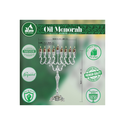 Chanukiá - Menorá de Óleo Prateada para Copos de Óleo Padrão e Velas Grandes - Ramos de Oliveira - 42 cm