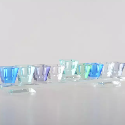 Chanukiá de de Vidro em Tons Azuis - 27x4x5cm