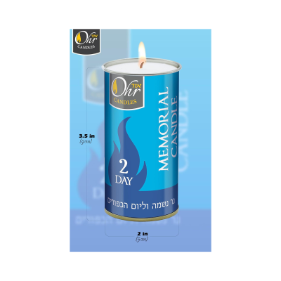 Vela memorial em lata azul com texto e design de chama azul