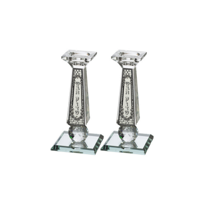 Par de Castiçais de Cristal 20 cm com Placa de Metal