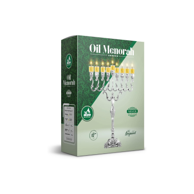 Chanukiá - Menorá de Óleo Prateada para Copos de Óleo Padrão e Velas Grandes - Ramos de Oliveira - 42 cm