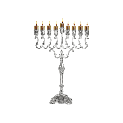Chanukiá - Menorá de Óleo Prateada para Copos de Óleo Padrão e Velas Grandes - Ramos de Oliveira - 42 cm