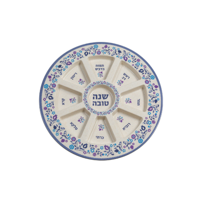 Prato para Sêder de Rosh Hashaná de Bambu 35 cm - Flores Azuis