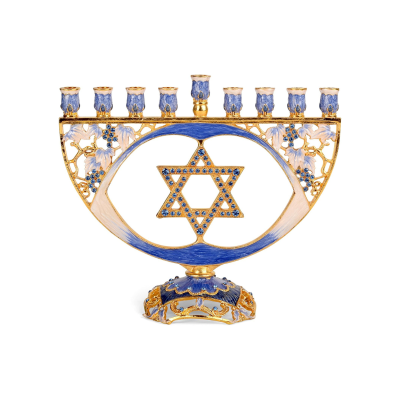 Chanukiá - Menorá de Velas Cravejada Moderna para Chanucá - Estrela Azul Tradicional