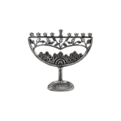 Chanukiá - Menorá de Velas Vintage 21 cm - Cidade Velha de Jerusalém - Alumínio com Acabamento Prateado Antigo