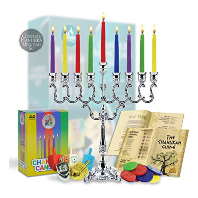 Kit Completo de Chanucá (Chanukiá 7", Velas, Dreidel e Moedas)