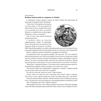 Página de livro em português com texto e uma ilustração a tinta de figuras humanas e animais