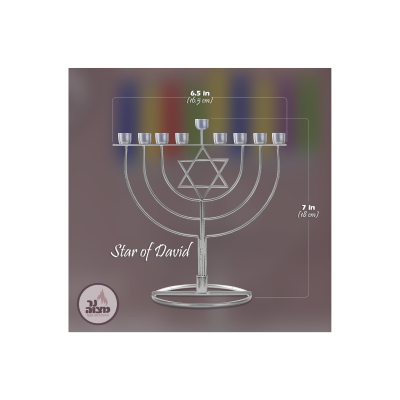 Chanukiá - Menorá com Estrela de David - Aramado Prateado - 18 cm (7")