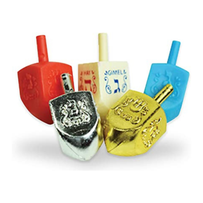 Cinco piões coloridos com símbolos e texto, em vermelho, branco, azul, dourado e prateado.