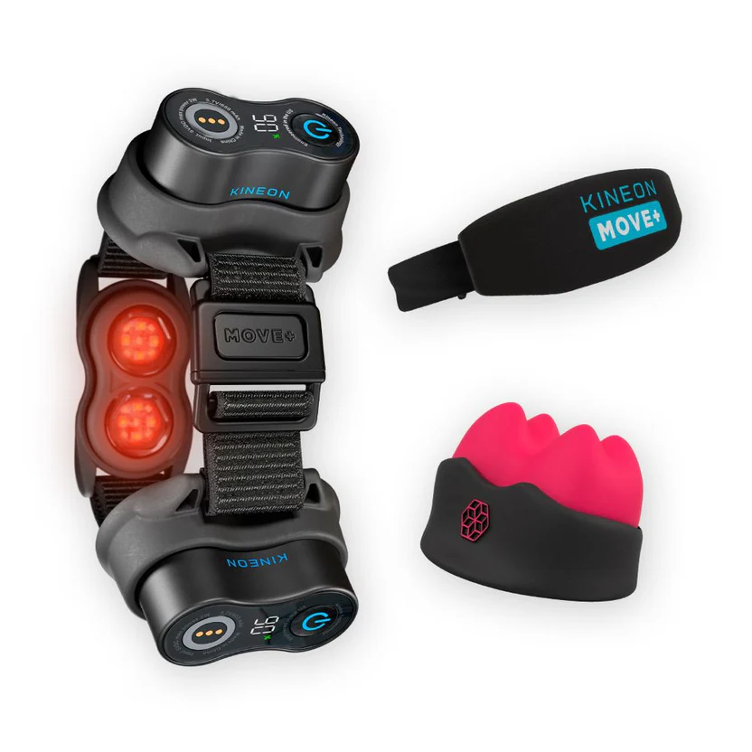KINEON Pacote Pain to Possible – 3 ferramentas poderosas Dispositivos KINEON MOVE+ pretos e acessórios em silicone preto e vermelho em fundo branco