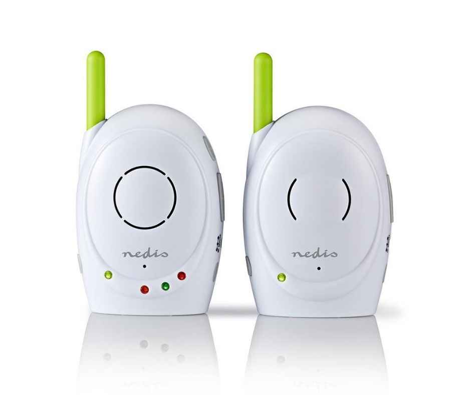 Monitor para bebés Nedis FHSS| Com função talk back | Alcance: 300 m Par de rádios comunicadores portáteis brancos com antenas verdes e LEDs coloridos