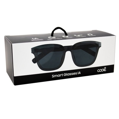 Caixa de óculos de sol Smart Glasses IA preta com embalagem branca e preta