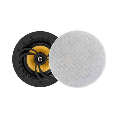 Coluna de som redonda amarela e preta com grelha cinza