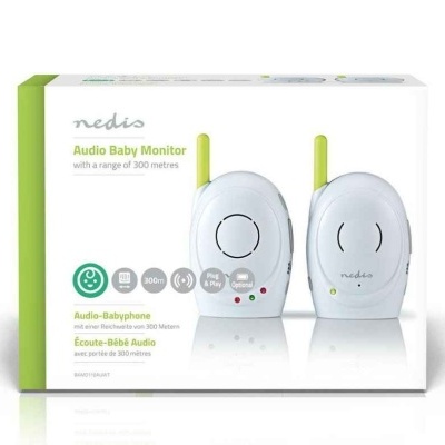 Embalagem de monitor áudio para bebés Nedis com duas unidades brancas e antenas verdes