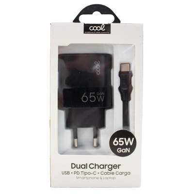 Cool | Carregador Universal Ultra Fast PD Tipo-C + USB COOL (65W + Cable Tipo-C) GaN Preto Cool | Carregador Universal Ultra Fast PD Tipo-C + USB COOL (65W + Cable Tipo-C) GaN Preto
