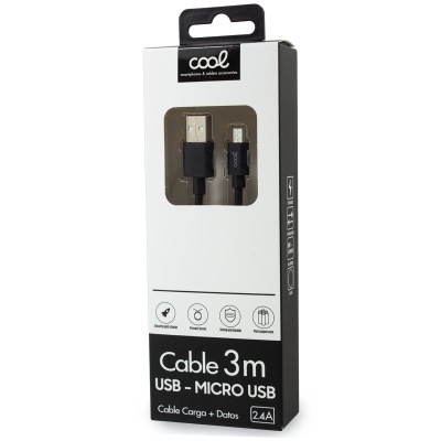 Cool | Cabo USB Compatível COOL Universal (micro-usb) 3 metros Preto 2,4 Amp Cool | Cabo USB Compatível COOL Universal (micro-usb) 3 metros Preto 2,4 Amp