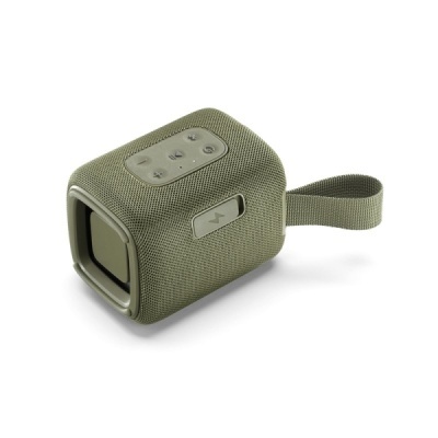 Coluna portátil verde com botões e alça lateral