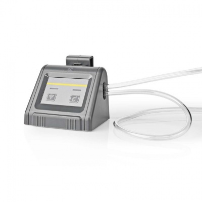 Dispositivo eletrónico cinzento com ecrã e tubo transparente