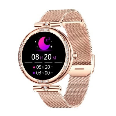 Relógio inteligente cor de rosa com visor digital e bracelete de malha metálica