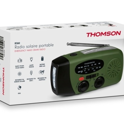 Embalagem de rádio portátil Thomson verde com texto e ícones informativos