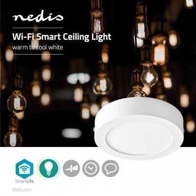 Nedis | Luz de teto | Wi-Fi | Branco Frio / Branco Quente | Rodada | Diâmetro: 170 mm | 17 x 17 x 3,8 cm | 800 lm | 2700 - 6500 K | IP20 | Classe energética: A | Android ™ e iOS