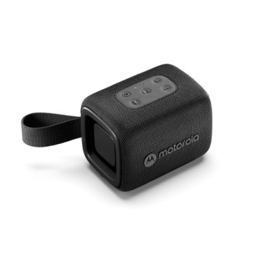 Coluna portátil preta Motorola com botões no topo e pega em tecido.