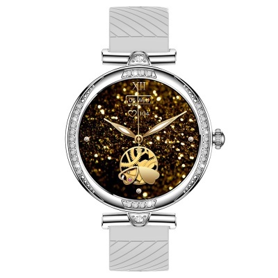 Relógio de pulso prateado com mostrador dourado brilhante e bracelete branca