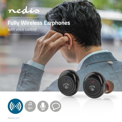 Nedis | Fones de ouvido True Wireless Bluetooth® | Tempo máximo da bateria: 3 horas | Controlo por Toque | Estojo de Carregamento | Microfone embutido | Suporte de controle de voz | Preto