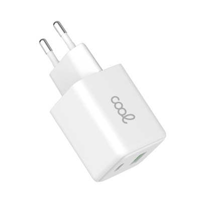 Carregador de rede Universal Ultra Fast Charger Duplo (PD) Tipo-C + USB COOL (45W) GaN Branco