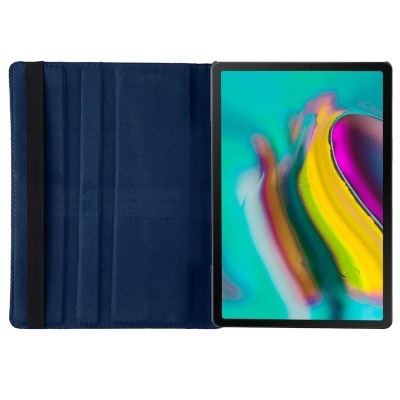 Tablet com ecrã colorido e capa protetora azul escura aberta