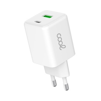 Carregador de rede Universal Ultra Fast Charger Duplo (PD) Tipo-C + USB COOL (45W) GaN Branco