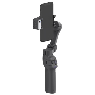 Gimbal preto para smartphone com suporte e botões de controlo
