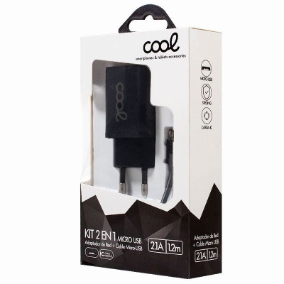 COOL | Carregador Conector de Rede Micro-usb Universal 2,1 Amp Kit 2 em 1 Preto