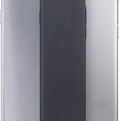 Três smartphones sobrepostos em diferentes tons de cinza com acabamento metálico.