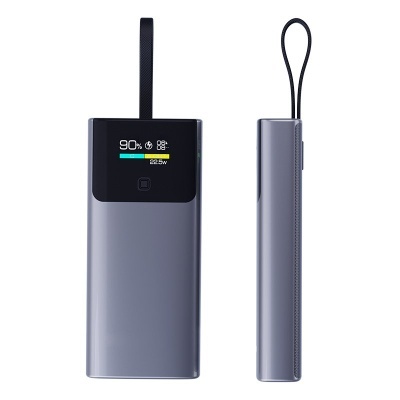 Carregador portátil cinzento com ecrã digital e alça preta