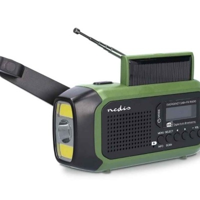 Rádio de emergência verde com painel solar e luz frontal