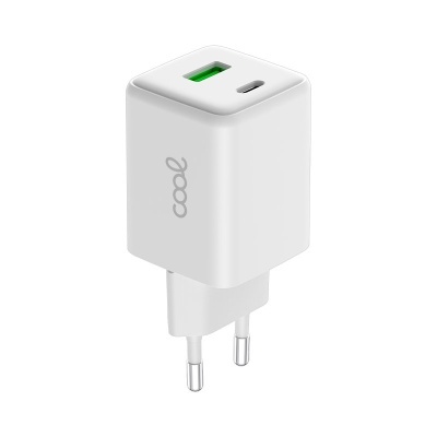 Carregador de rede Universal Ultra Fast Charger Duplo (PD) Tipo-C + USB COOL (45W) GaN Branco