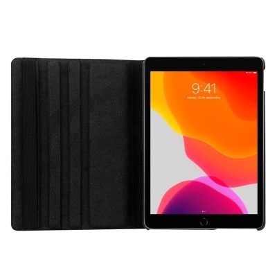 Capa preta para tablet com suporte e ecrã colorido aberto