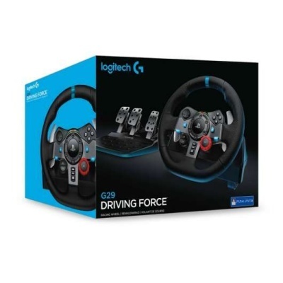 Caixa do volante de corridas Logitech G29 Driving Force com volante preto e pedais metálicos