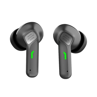 Auriculares sem fios cinza escuro com luzes verdes