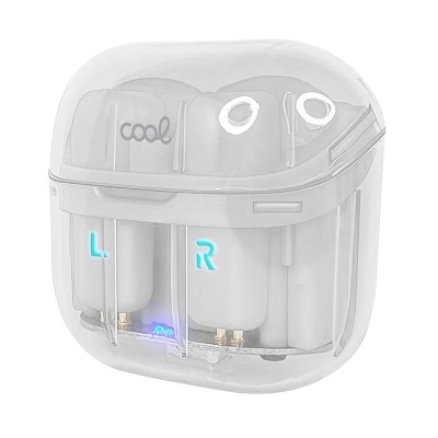 Caixa transparente para auriculares sem fios brancos com indicadores azuis L e R
