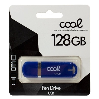 Pen drive USB azul 128GB da marca cool em embalagem branca e preta