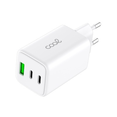 Carregador de Rede Universal Triplo (PD) 2 x Tipo-C + USB COOL (GaN 65 W) Branco