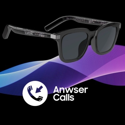 Óculos de sol pretos com lentes escuras e texto promocional num fundo colorido