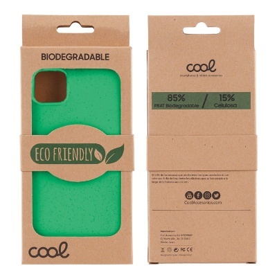 Capa de telemóvel verde em embalagem de cartão biodegradável com textos eco friendly e cool